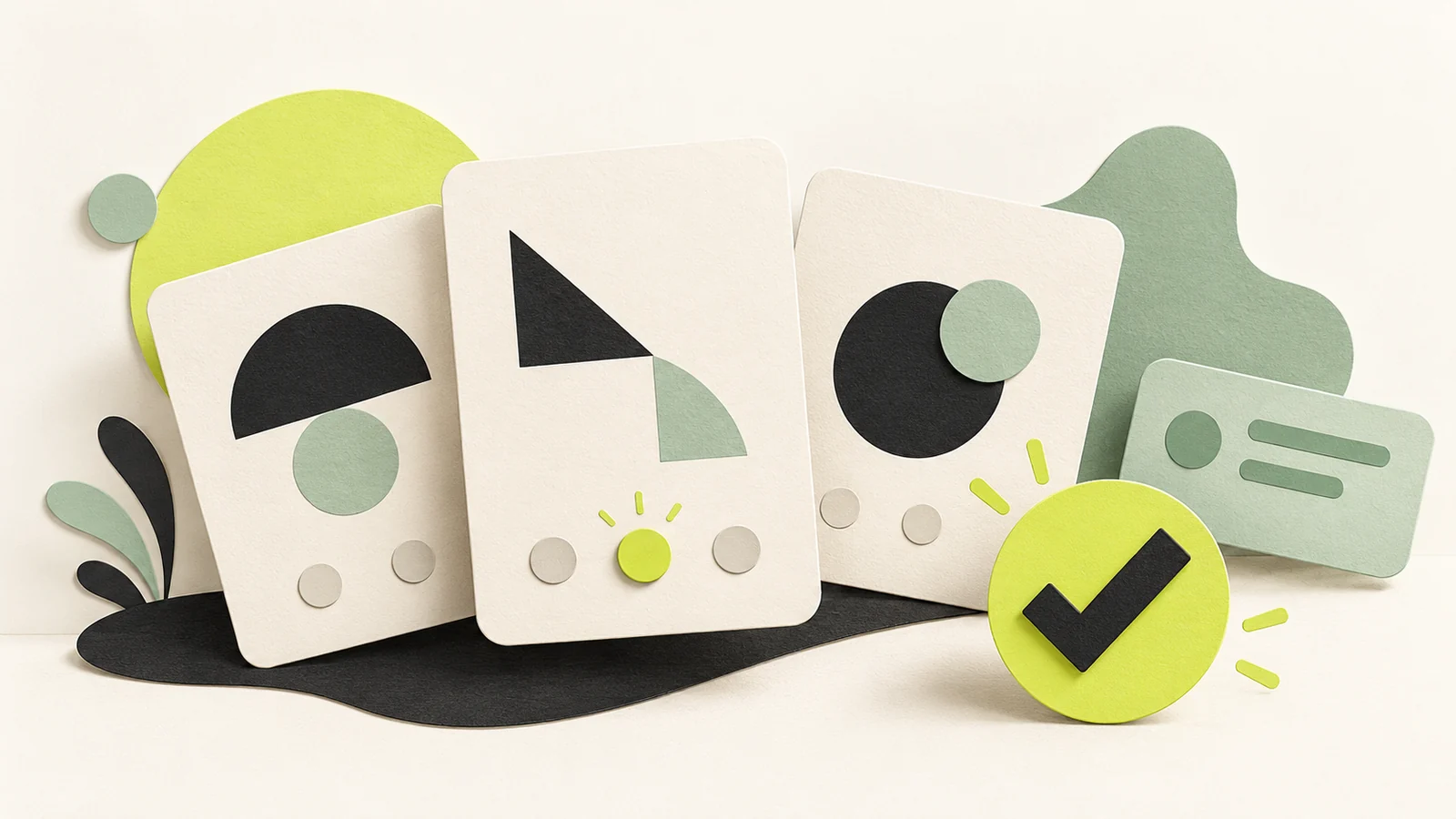 Three geometric learning cards with a selected answer and a checkmark.