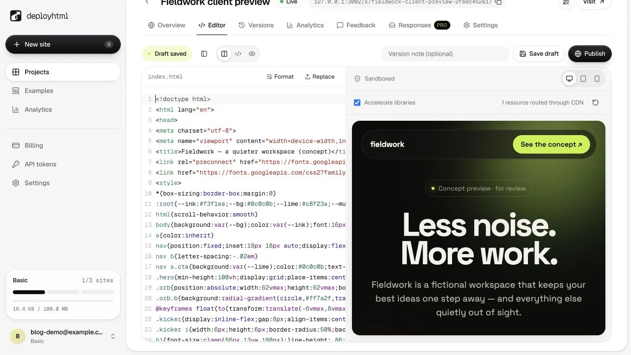 An original sample in the DeployHTML source editor.