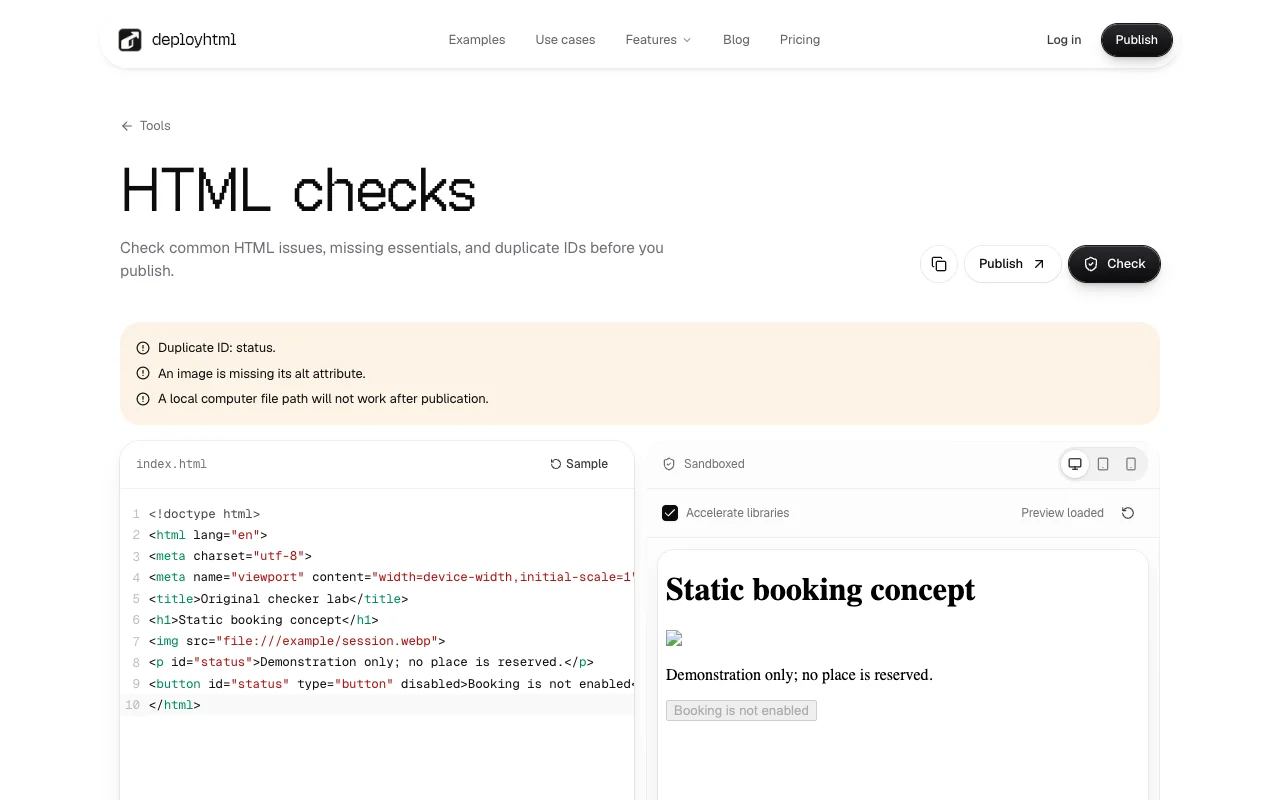 DeployHTML’s HTML checker reporting duplicate IDs, a missing alt attribute and a local image path.