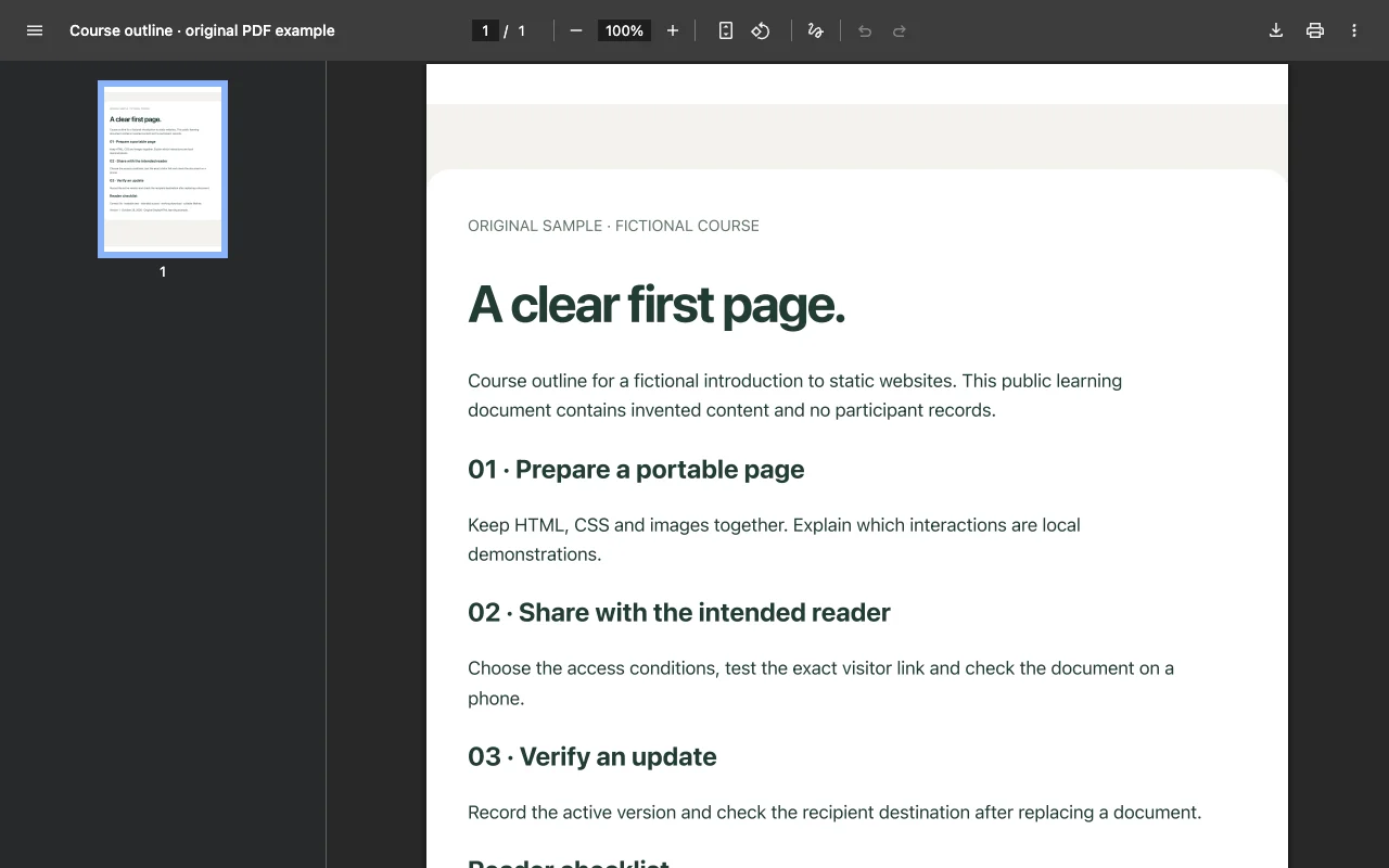 An original course outline PDF rendered in the browser’s PDF reader.