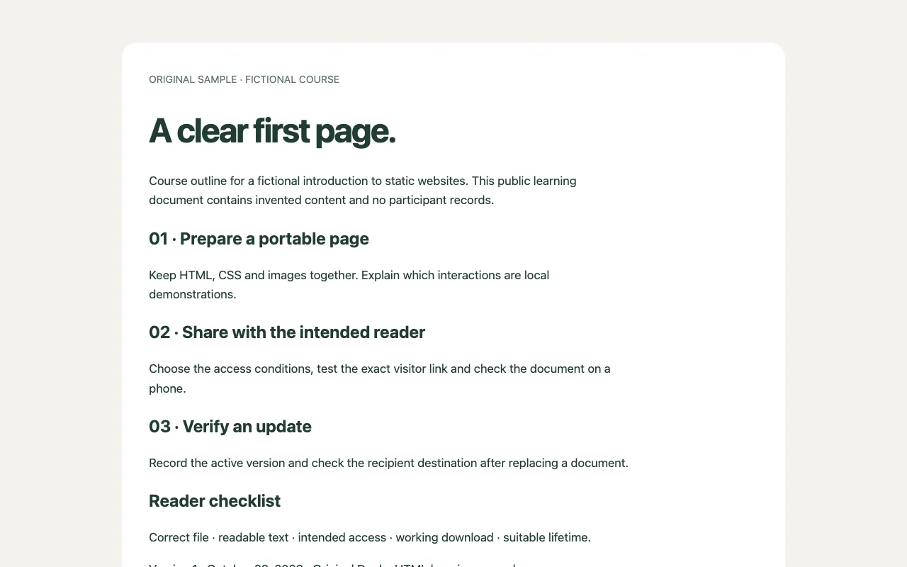 The original course outline before export, shown in a browser.