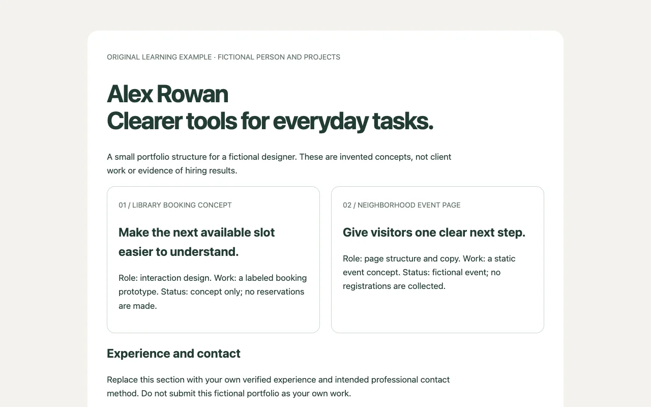 The original fictional Alex Rowan portfolio running in a desktop browser.