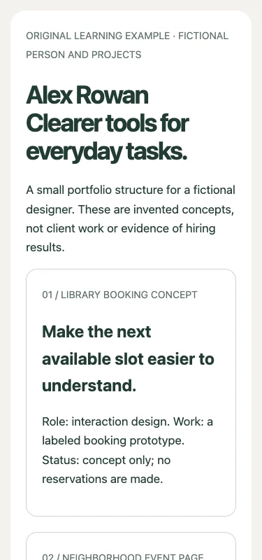 The fictional portfolio showing both project cards at phone width.