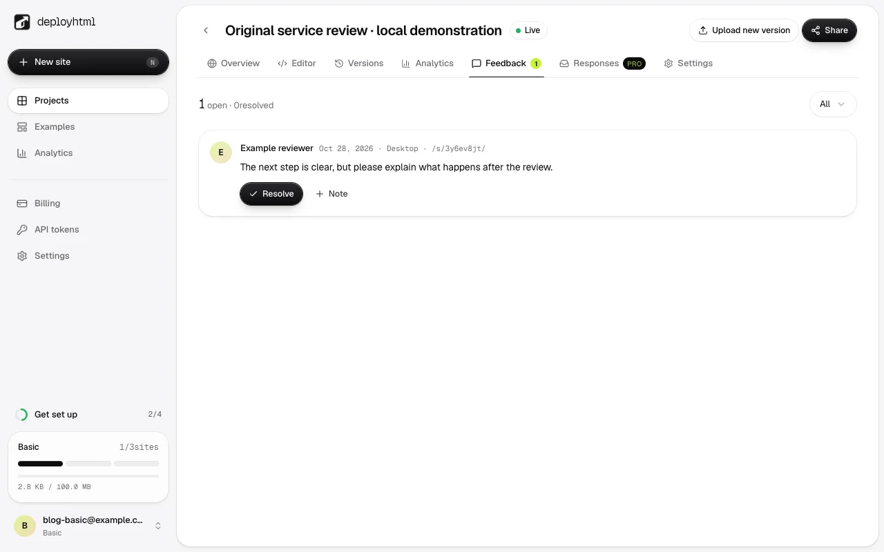 The saved synthetic visitor comment in the owner project’s private feedback list.