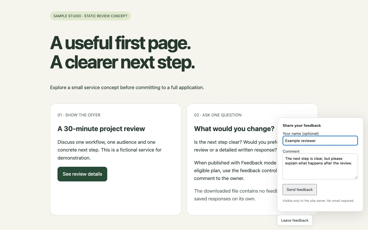 A visitor leaving a test comment on the original published service-review page.