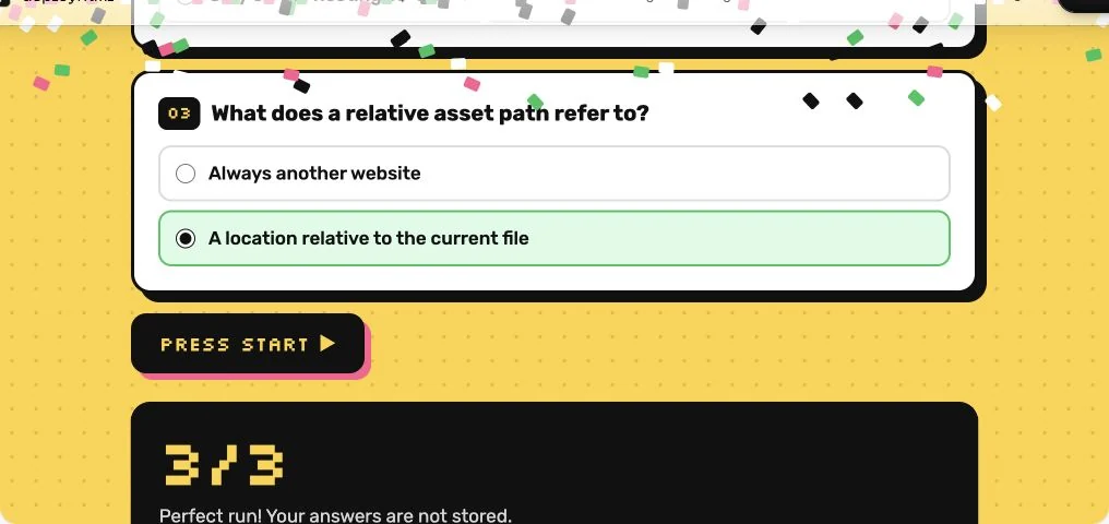 The original DeployHTML quiz showing browser-calculated feedback.