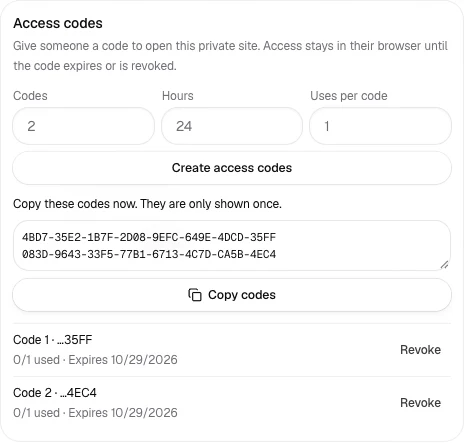 The local project sharing controls showing freshly generated access codes and usage.