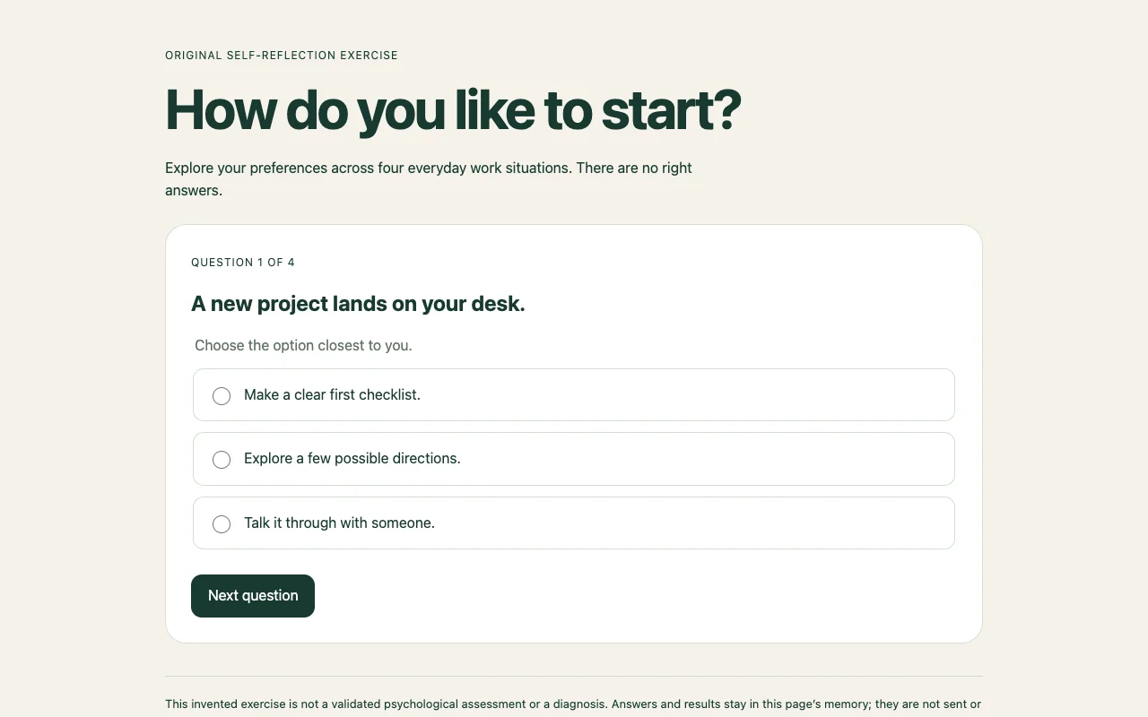 The first question and answer options in the original Work Style Explorer.