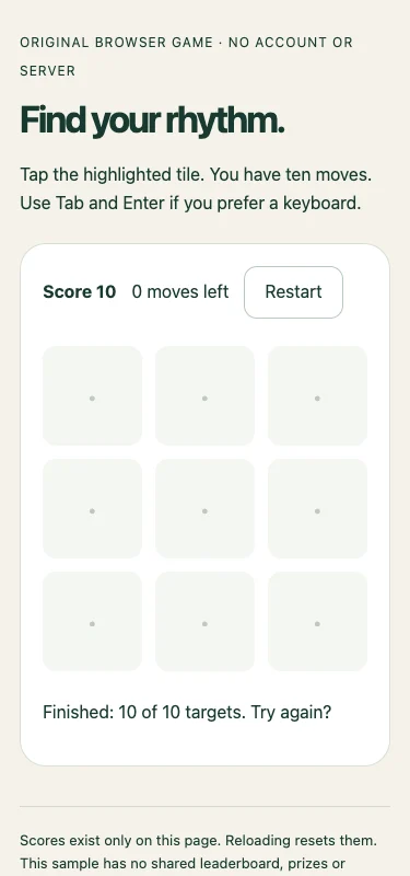 The original HTML game showing ten completed moves at phone width.