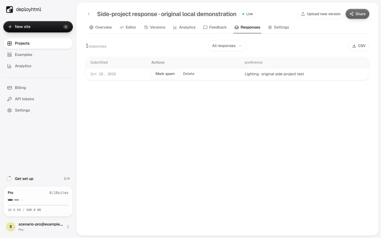 A deliberately submitted preference visible in the local owner response list.