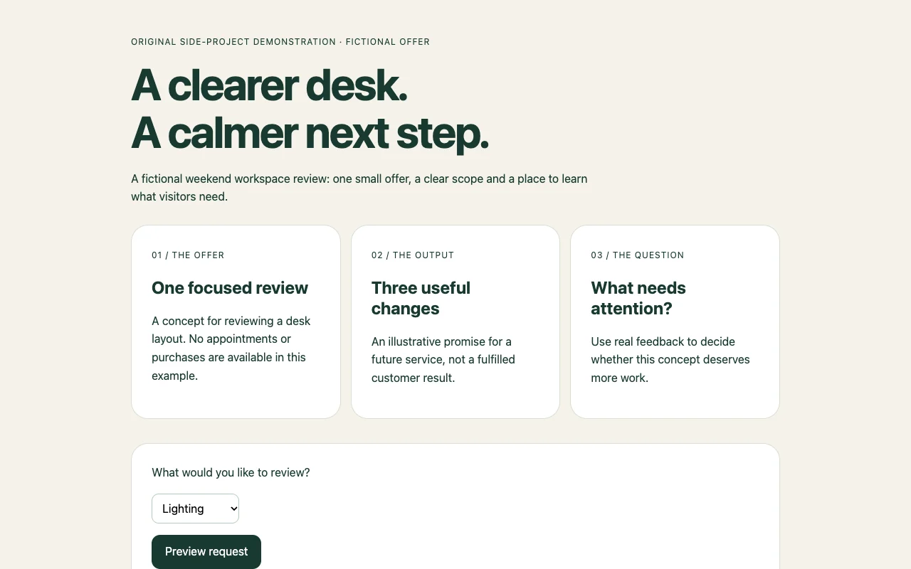 An original fictional side-project page with an offer, scope and request preview.