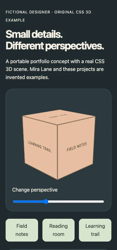 The fictional interactive portfolio at phone width after selecting a project.