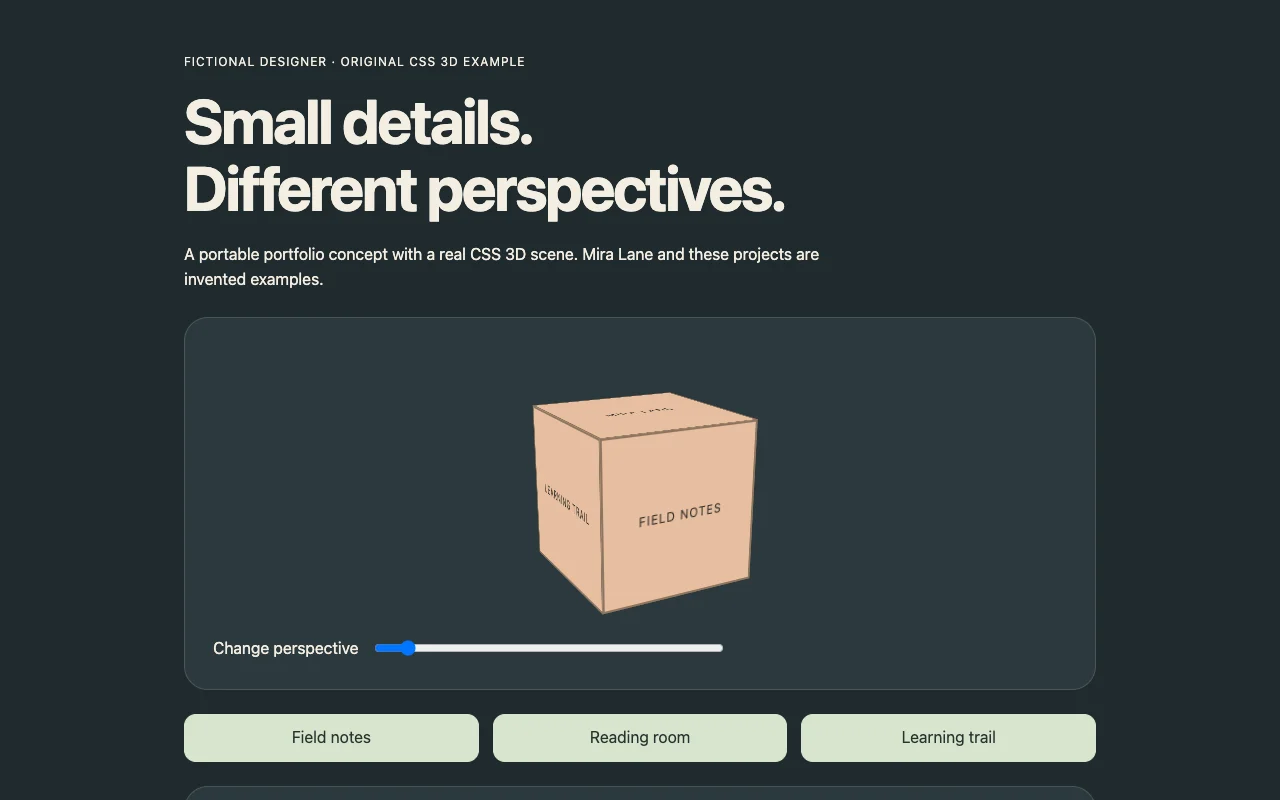 An original fictional portfolio displaying a CSS 3D cube and project controls.
