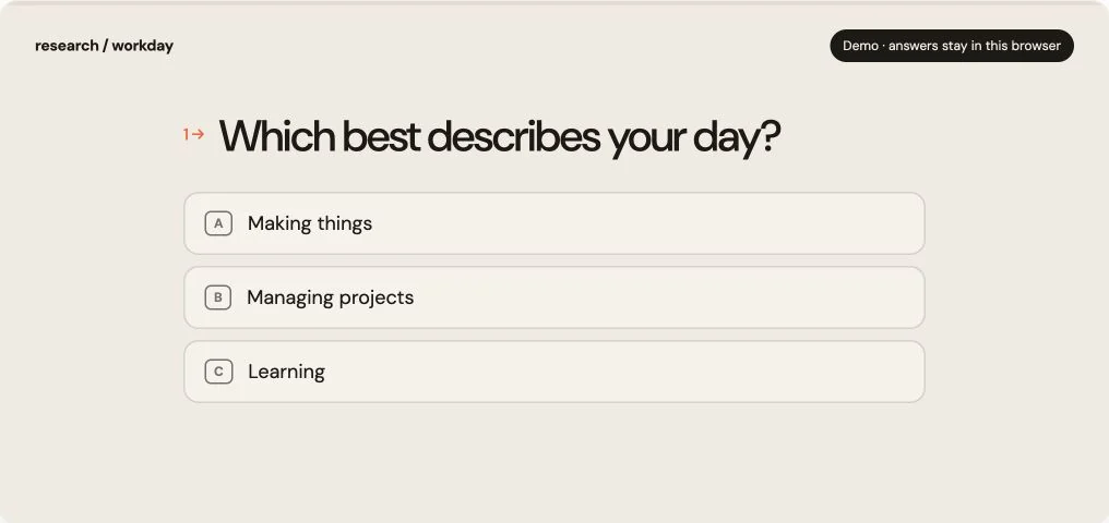 DeployHTML survey demo showing one focused question and three choices.