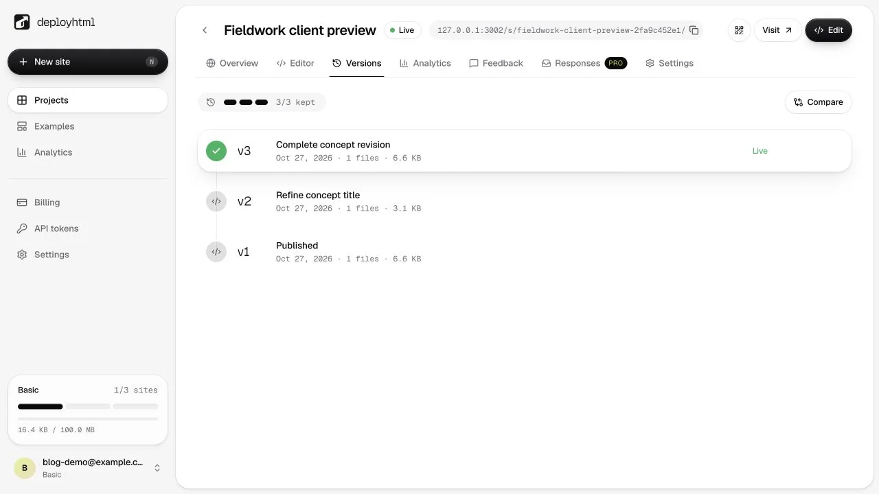 Retained versions of an original sample website.