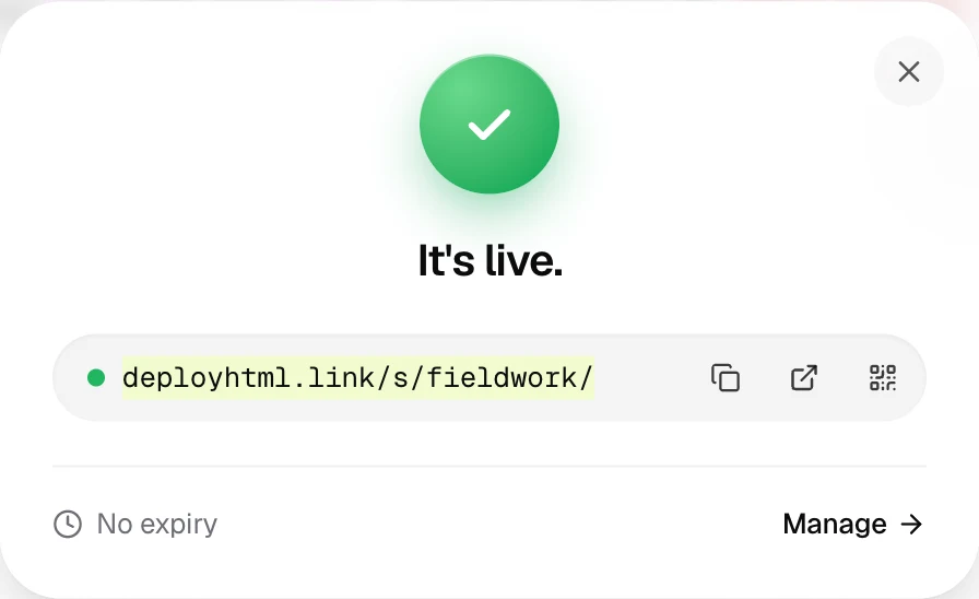 DeployHTML publish confirmation with the site link and copy button