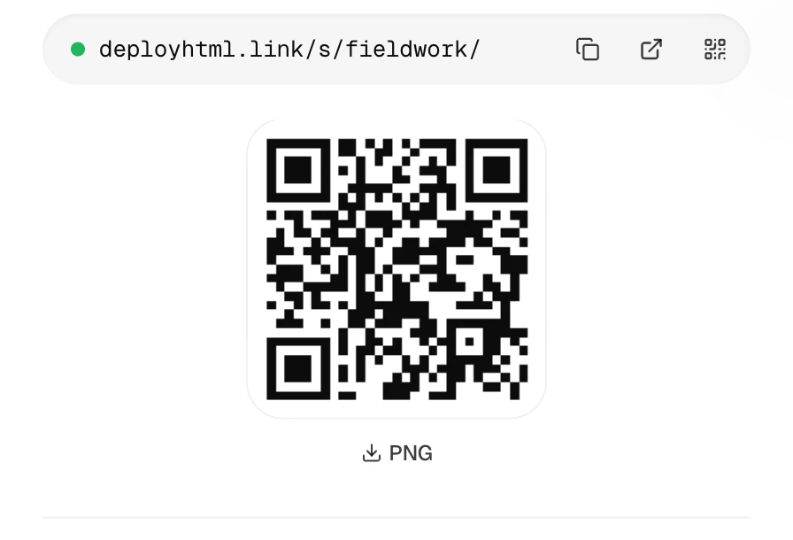 DeployHTML sharing dialog with a downloadable QR code