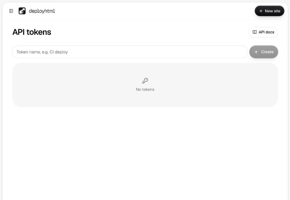 The API tokens page with a token name field and no existing keys.