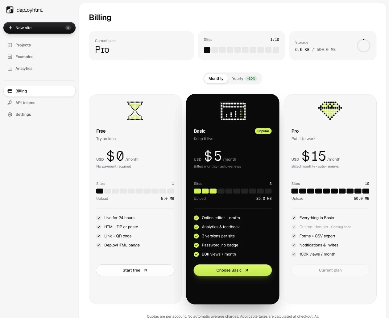 Billing shows the current plan, site and storage usage and plan options.