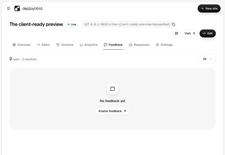 The project feedback list with status filter and Enable feedback link.