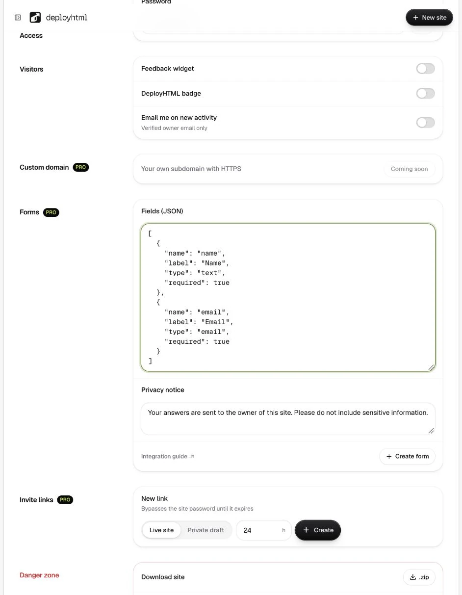 The form settings with JSON field schema, privacy notice and Create form action.