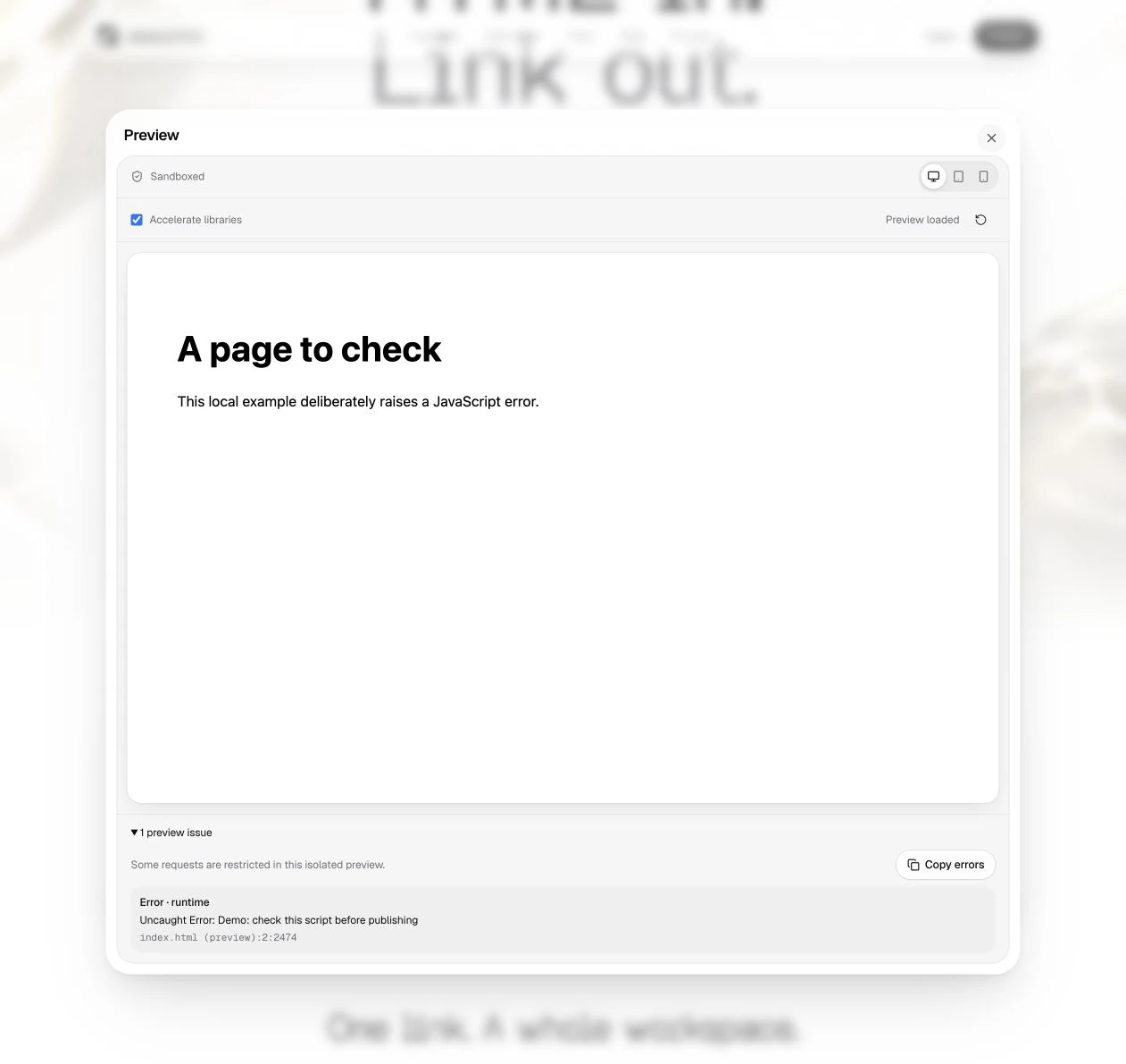 The preview panel showing a JavaScript runtime error and its source location.