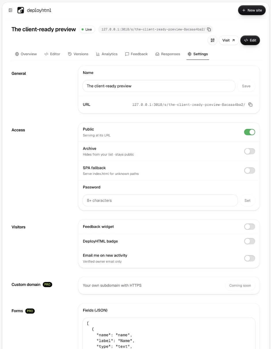 Project settings with public access, password, feedback and archive controls.