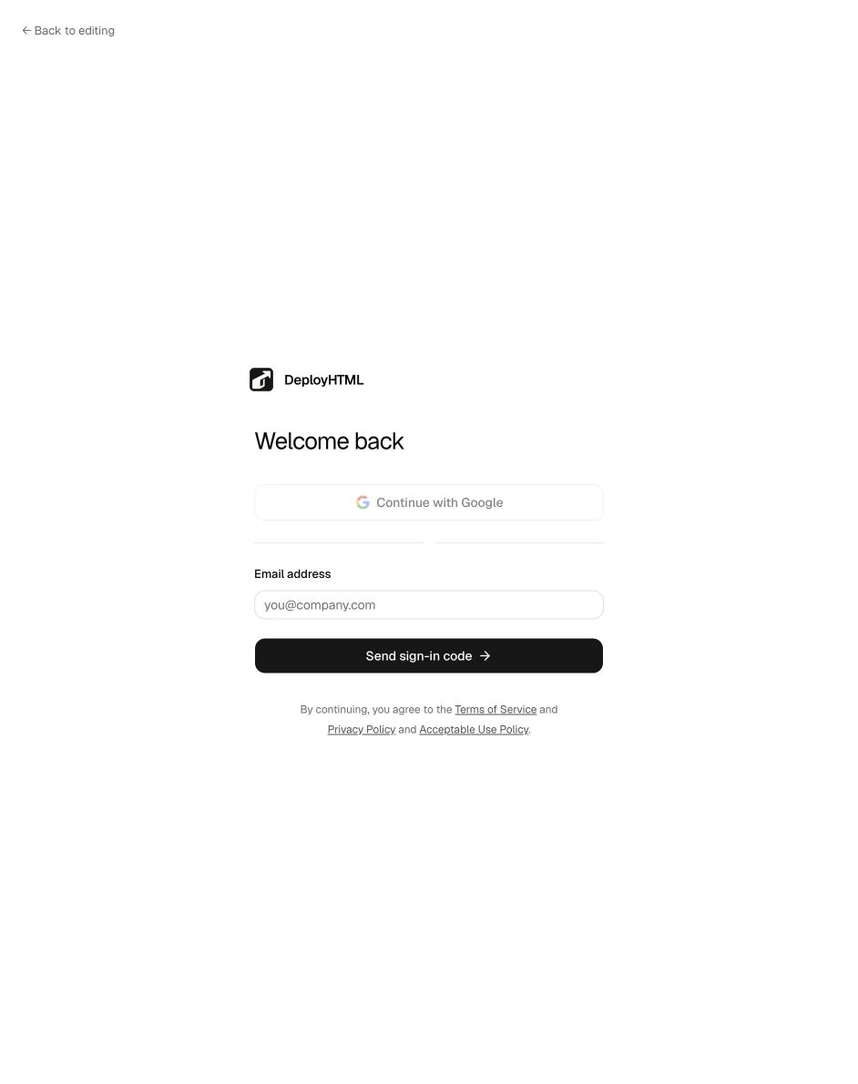 The DeployHTML sign-in page with Google and email code options.